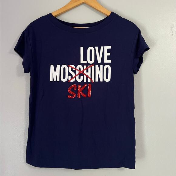 Love Moschino Embroidered Ski Graphic Navy Blue Authentic T-Shirt - Picture 1 of 6